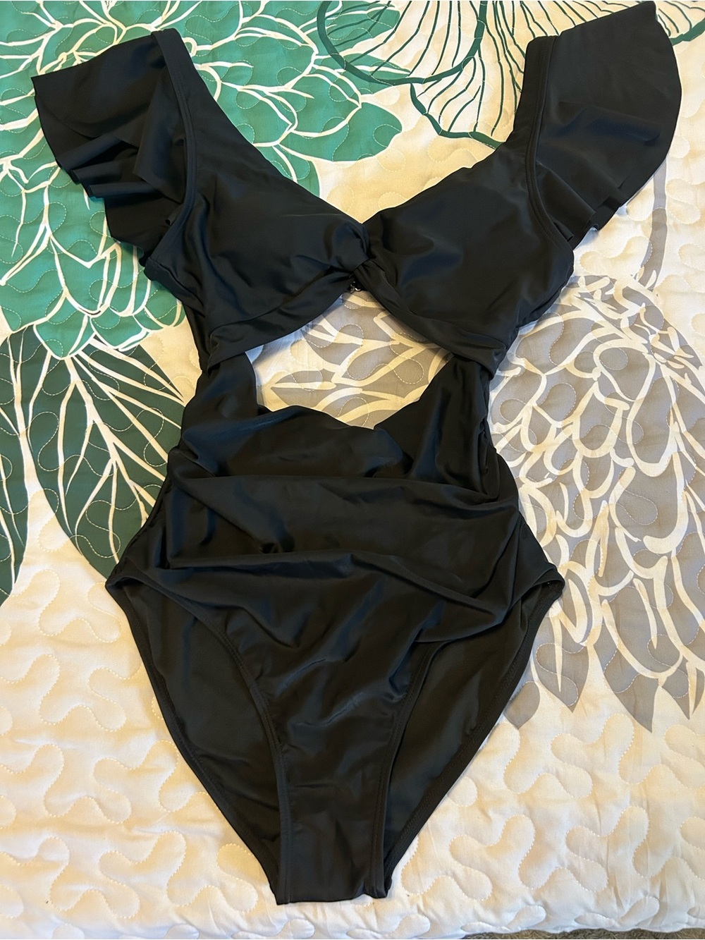 Black Ruffled Cutout One-Piece Swimsuit